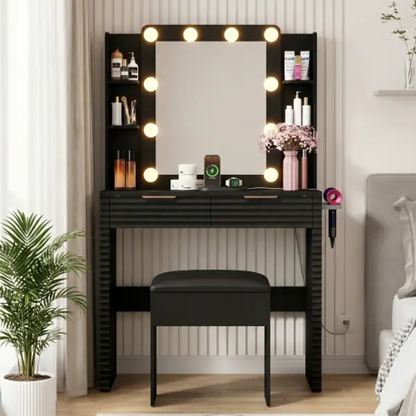 Black Vanity Desk with Mirror and Lights - Makeup Desk with Mirror, 10 Hollywood LED Lights, Grooved Texture Design, MDF-Glass Build, Charging Station with Power Outlet & Type-C Port, 2 Drawers, 4 Open Shelves, Hairdryer Holder, Padded Storage Stool, Ligh