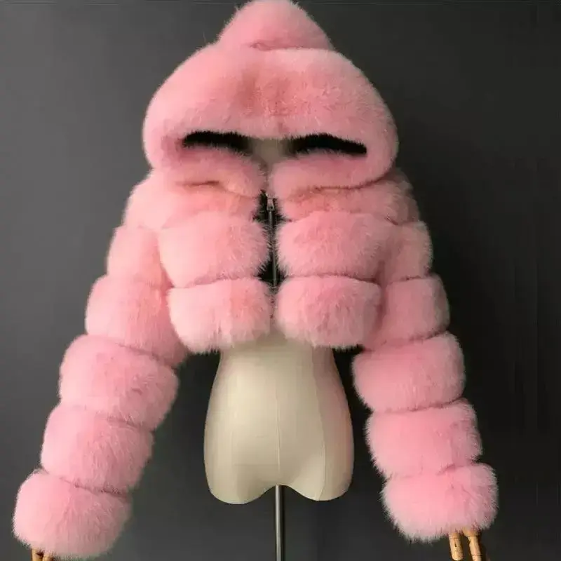 Furry Cropped Faux Fur Coat with Hood – Plush Warm Stylish Outerwear for Cold Weather Summer Fashion Shorts Soft Fabric Halter Neck Bodycon Dress Trendy Yoga Pants Jacket Women Gift Mini Skirt Modern Design Tie