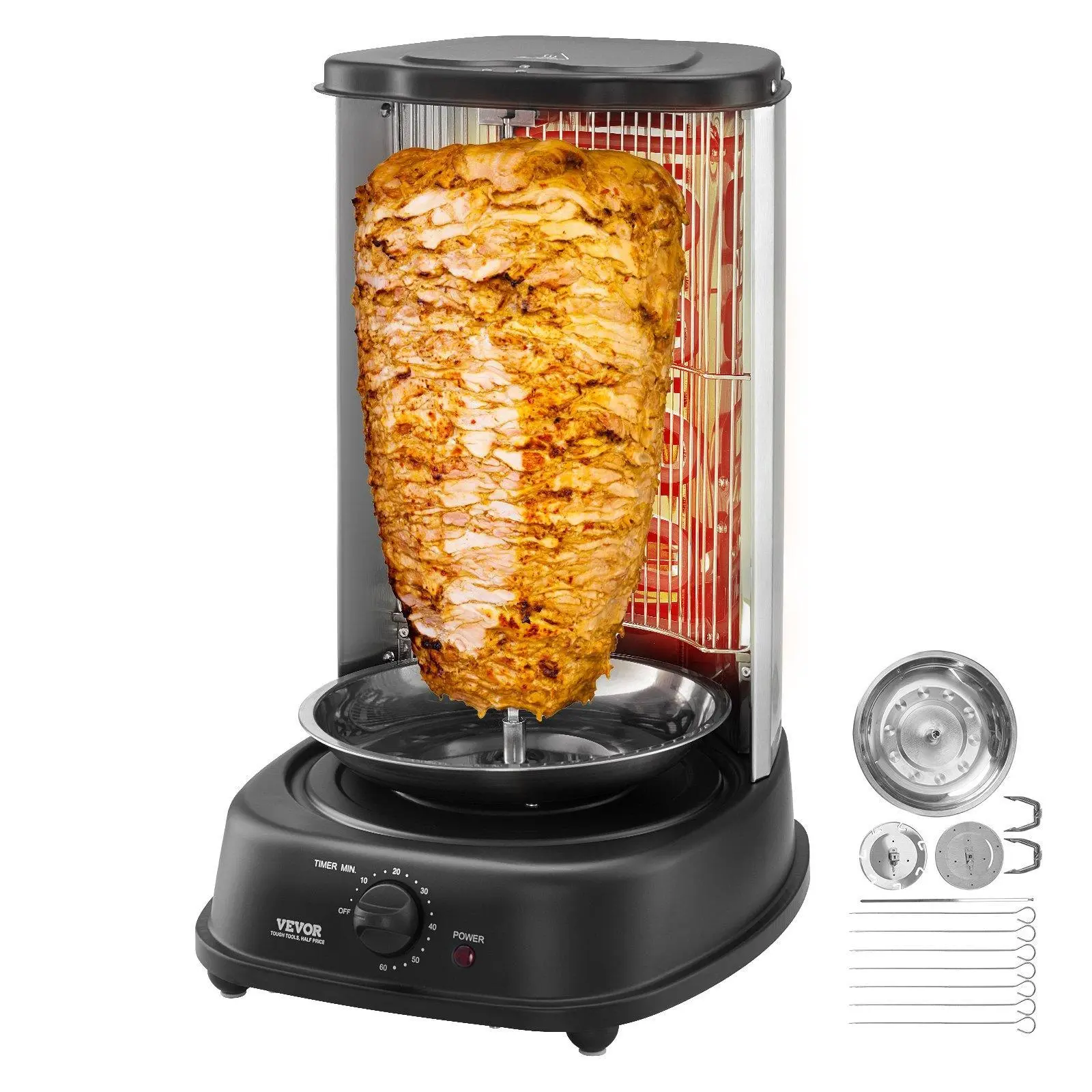 VEVOR Stainless Steel Vertical Shawarma Grill Machine, Gyro Rotisserie Doner Kebab Machine for Home Kitchen & Outdoor Barbecue