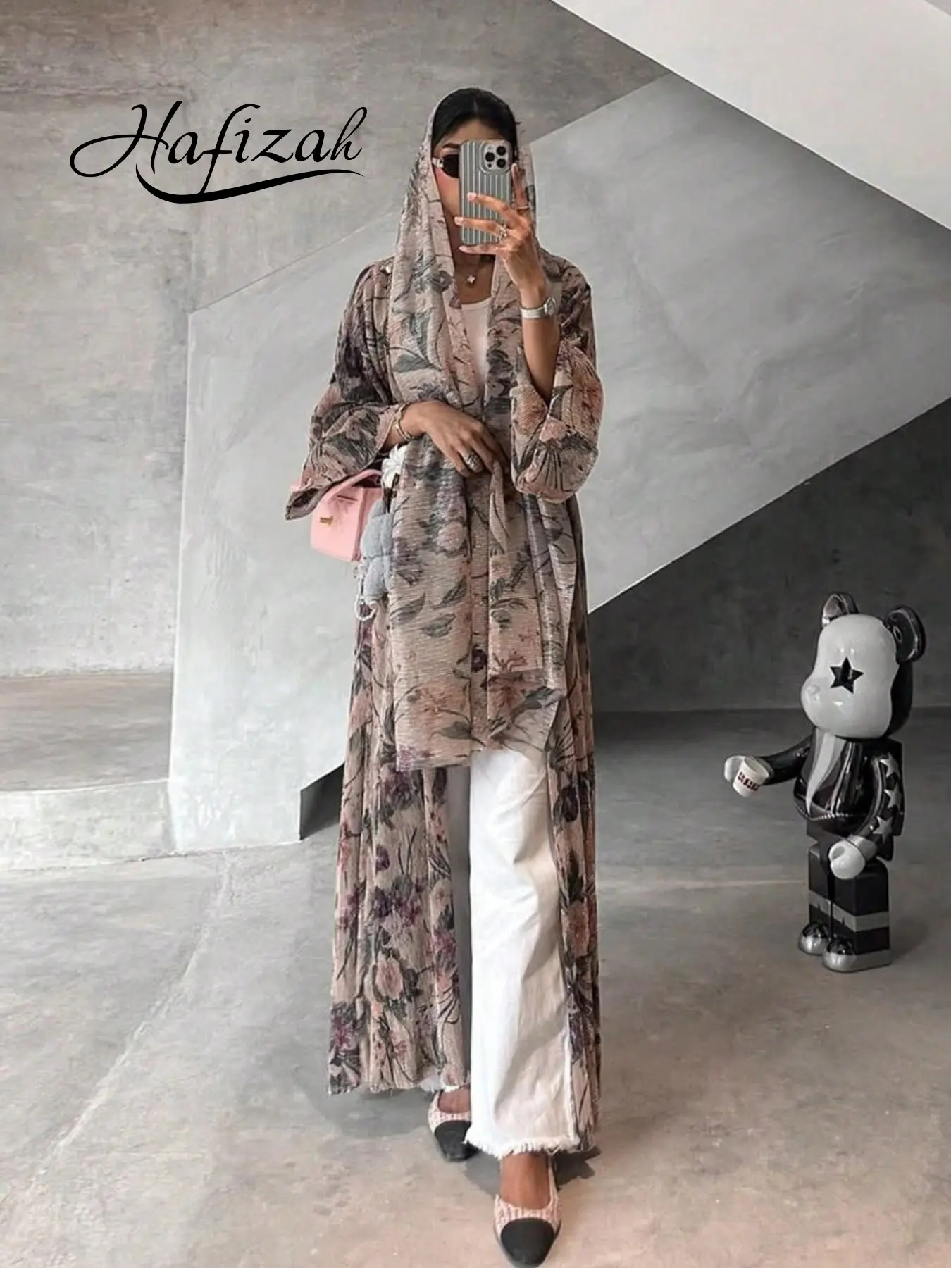 Women's Modest Middle Eastern Abaya, Islamic Abaya Dress, Long-Sleeve Pleated Open-Front Printed Loose-Fit Coat for All Seasons