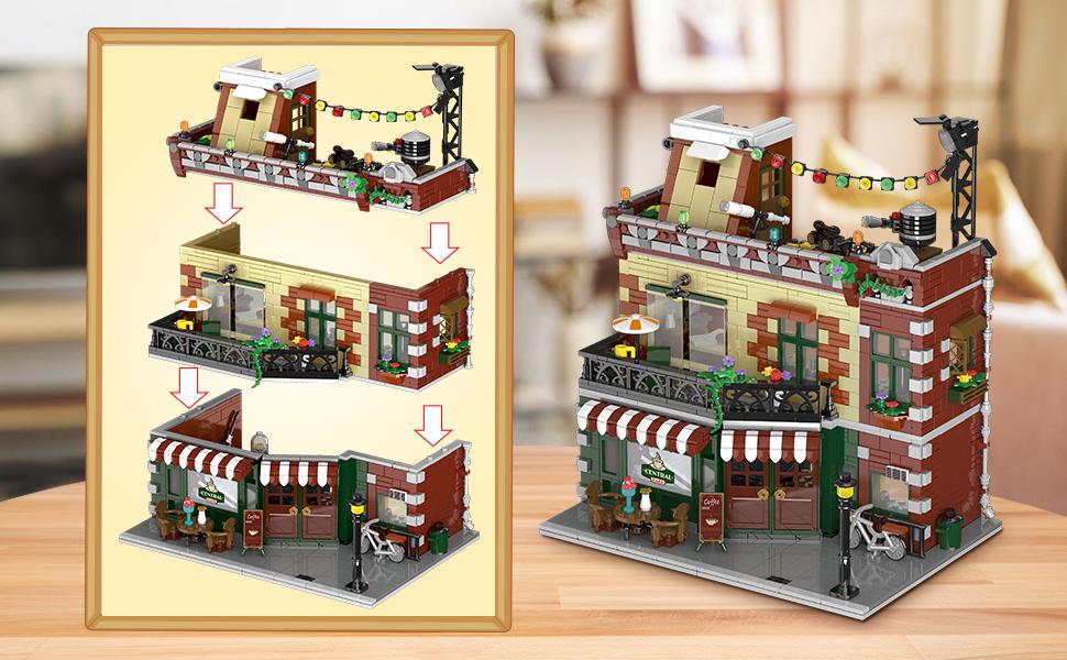 Coffee House Building Set with LED Light, 1589 PCS City Cafe Shop Building Block Toy with Stage Street Lights, Architecture Construction Model for Adults Teens Kids Ages 10 11 12+ Boys Girls Wooden Diy Kit