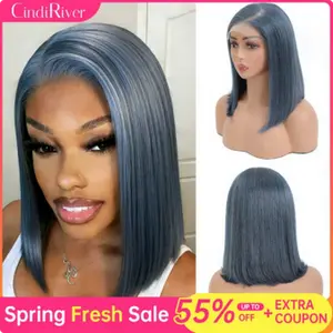 【Unique Color】CindiRiver 250% Density Misty Blue Color Bob Wig 5x5 HD Glueless Wig Human Hair Double Drawn 12 Inch Bob Wigs Side Part Blue Color Lace Front Wig Dark Blue Wig for Black Girls No Glue Needed & Easy to Install with Draw String