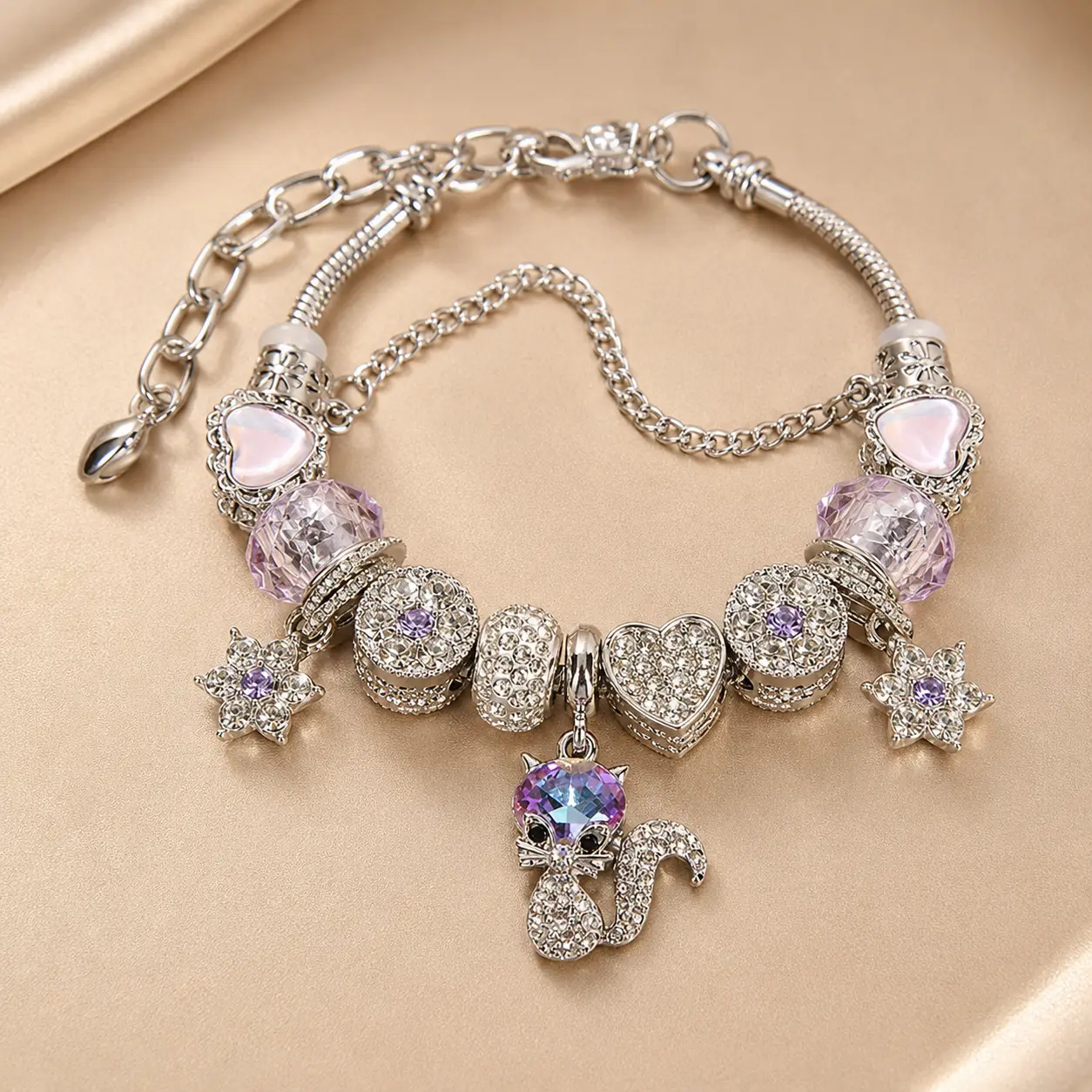 [Back to School] Women’s Sparkling Fox Charm Beaded Bracelet, Multicolor Crystal Rhinestone Snake Chain Bracelet, Dainty Statement Jewelry Gift for Women & Teen Girls - MM2