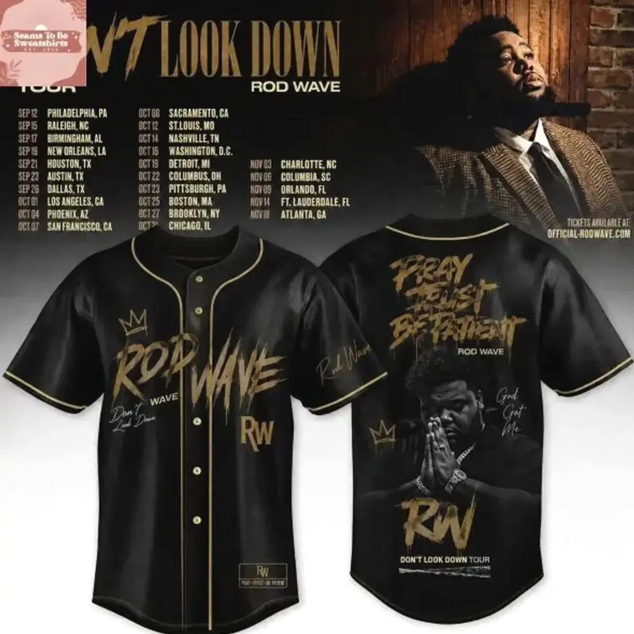Rod Wave Don’t Look Down Tour Baseball Jersey, Black Hip Hop Concert Graphic Shirt, Rap Fan Apparel, Vintage Streetwear Button-Up Jersey, Music Festival Outfit Gift