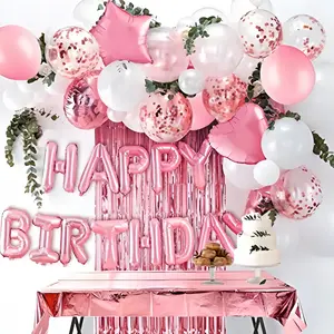 Pink Birthday Party Decorations Set, Happy Birthday Banner with Fringe Curtain, Foil Tablecloth, Confetti Balloons and Table Confetti for Kids and Adults