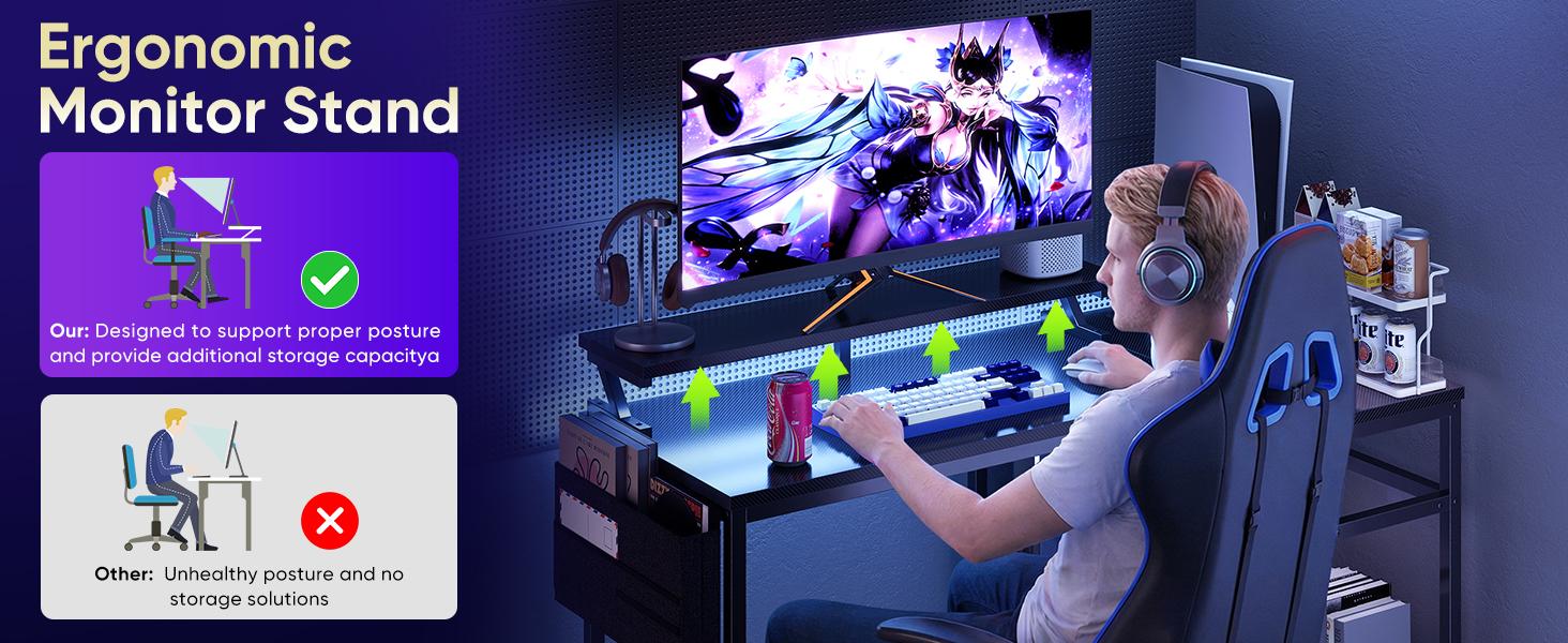 L Shaped Computer Desk with Monitor Stand, LED Lights & Power Outlets, Corner Gaming Desk with Storage Shelf, Home Office Study Desk