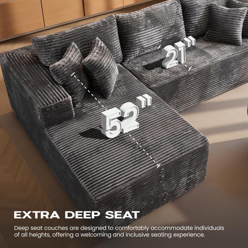 【2 Packages Shipping】Ovios 106" Plush Corduroy Cloud Velvet Modular Boneless Couch with Chaise & Ottoman, No Assembly Required - L/U-Shaped Sectional Sofa Set with Flexible Configuration - 107"W x 69.5"D x 30"H, 3 Seater