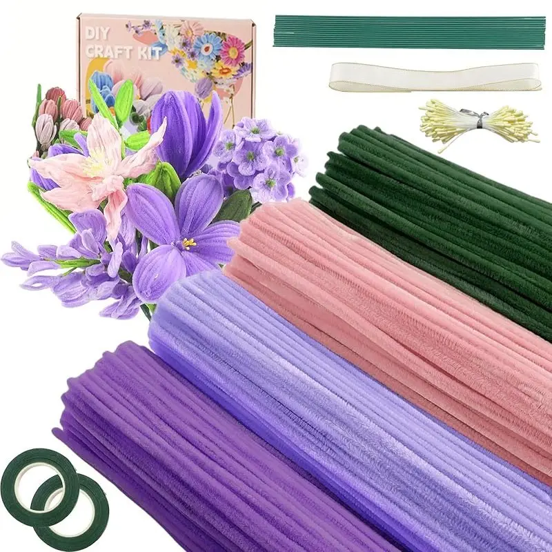 400pcs/set DIY Floral Pipe Cleaner Craft Kit, Diy Crafts Supplies, 4 Mixed-Color Stems for DIY Artificial Rose Flower Making, Diy Flower Decor, Includes Floral Wire, Tape, Stamens and Ribbon, Ideal for Birthdays, Weddings