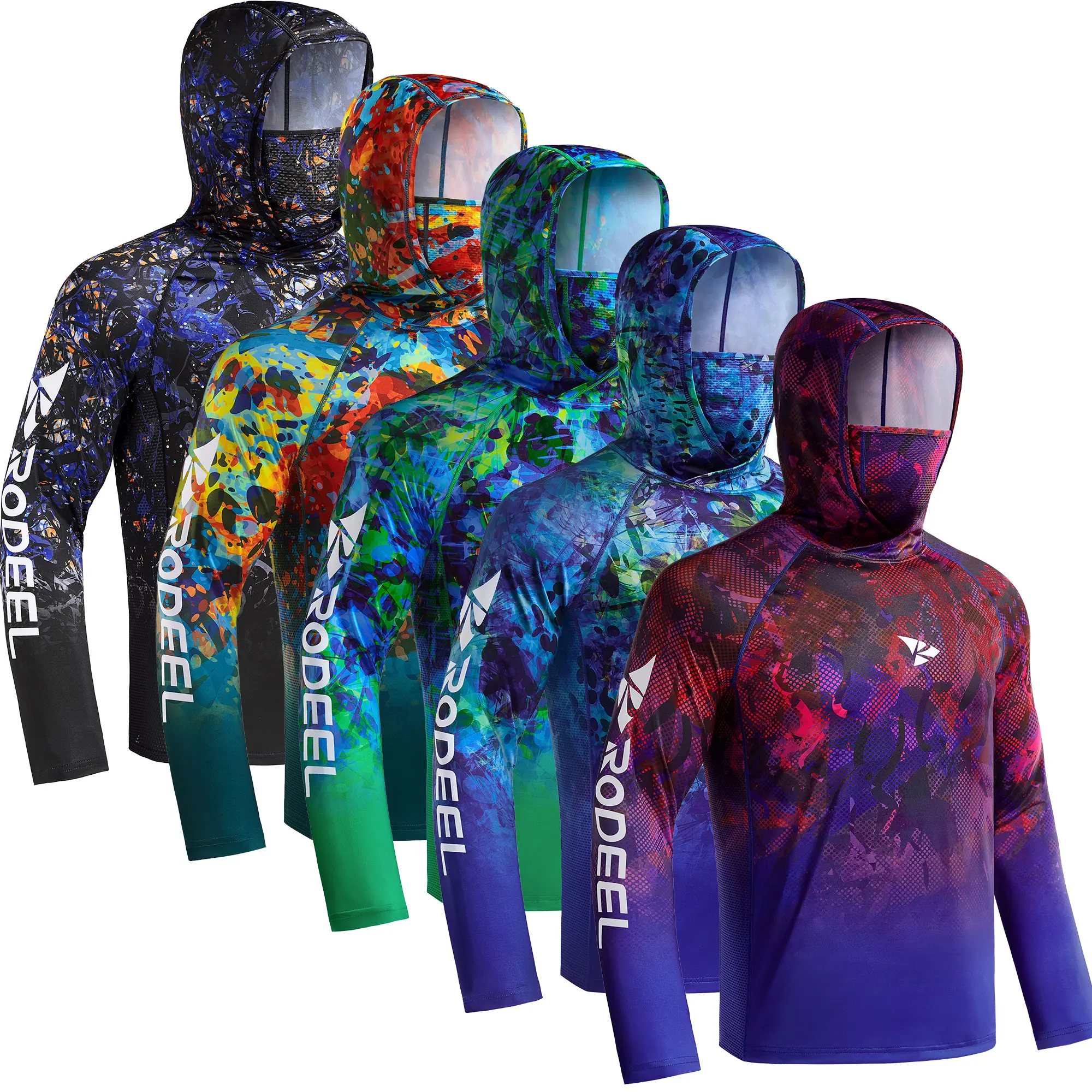 RODEEL 915 Sun Hoodie Shirts w/ Mask Neck Gaiter Men UPF 50+ UV Protection Long Sleeve Lightweight Quick Dry Moisture Wicking Breathable Athletic Activewear for Outdoor Fishing Boating Hiking Construction Roofing Landscaping Tree Service summervibes