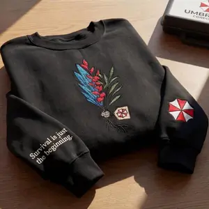 Embroidered Survival Is Just The Beginning Sweatshirt, Umbrella Corp Resident Evil Crewneck, Gaming Herbs Horror Gift