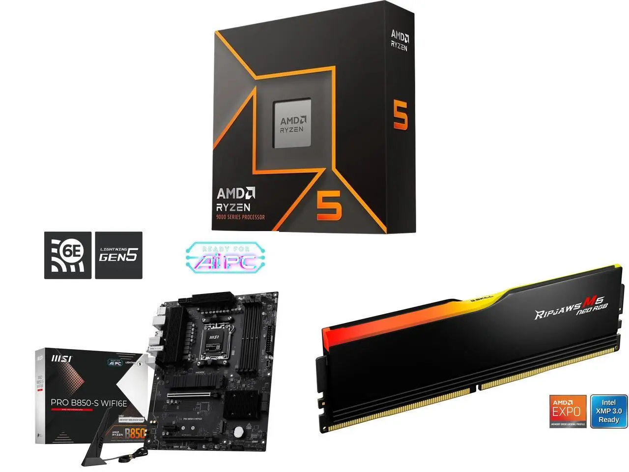 CPU Motherboard Memory Combo -  AMD Ryzen 5 9600X Bundle with  MSI PRO B850-S WIFI6E  and G.SKILL F5-6000J3636F16GX1-RM5NRK