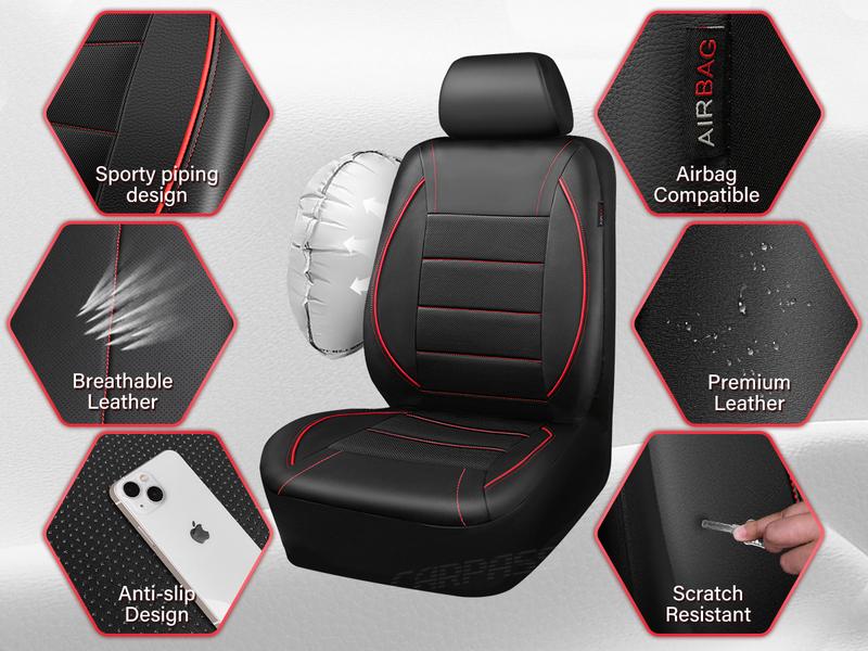 CAR PASS 2/5 seats Universal FIT Piping Leather Car Seat Cover, for suvs,Van,Trucks,Airbag Compatible,Inside Zipper Design and Reserved Opening Holes