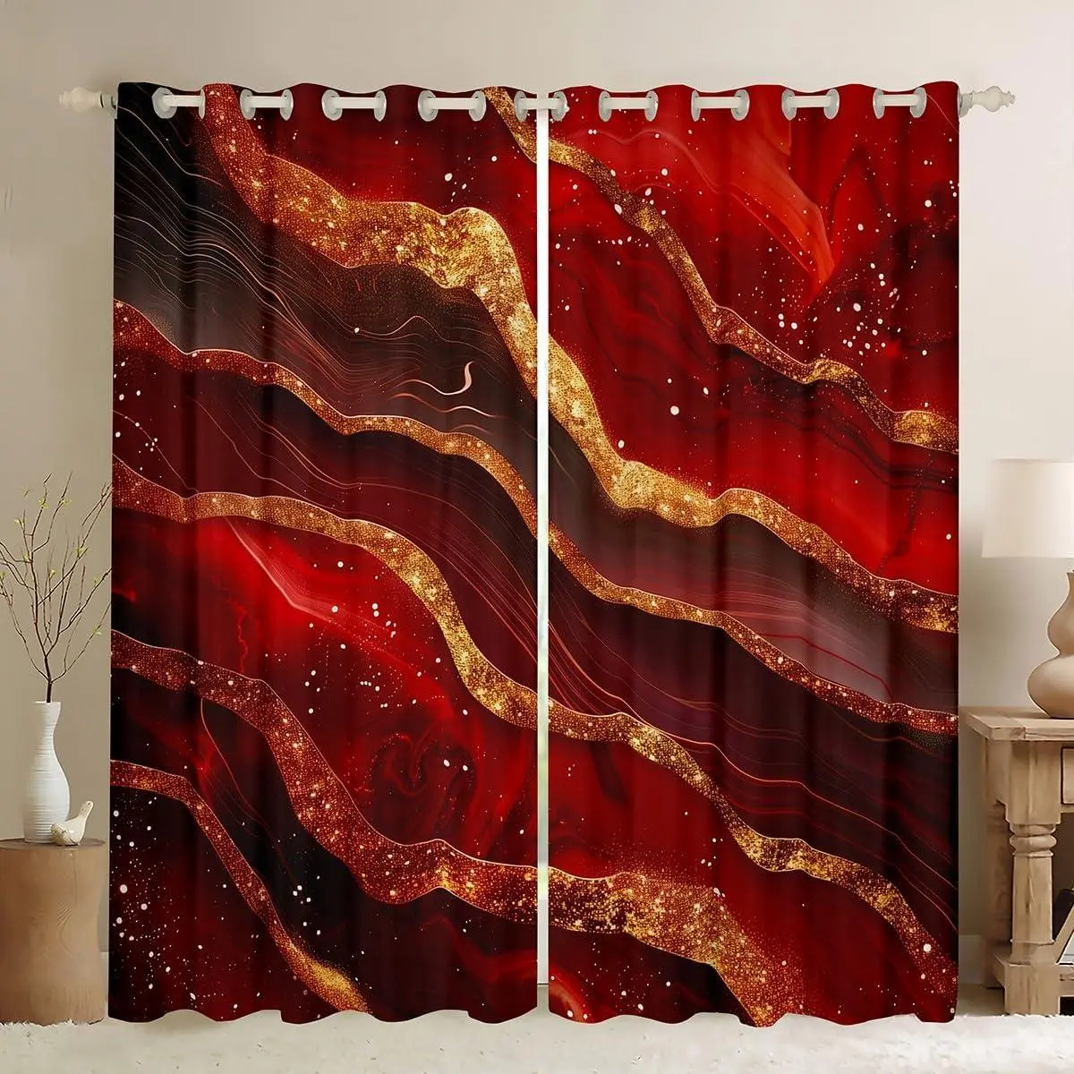 Marble Print Blackout Curtains,Gold Marbling Geometric Stripes Window Drapes Adults,Artwork Abstract Stone Red Black Bright Window Treatments Grommet Top Panel Set