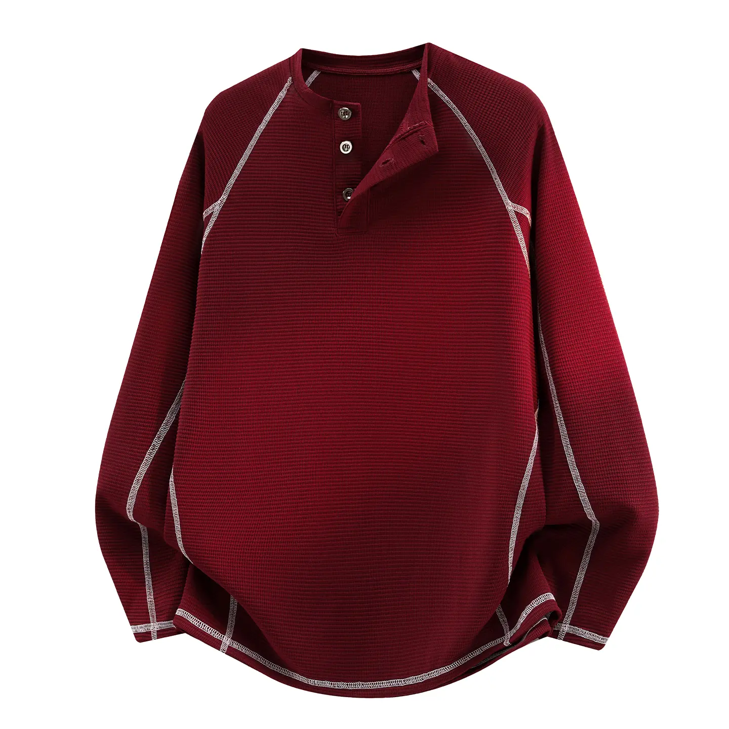 Men’s crewneck sweatshirt for spring and autumn, featuring a Henley-style long sleeve for layering; loose, casual, versatile top for teenage boys; three-dimensional check pattern Henley-collar half-zip pullover; soft, comfortable fabric suitable for every
