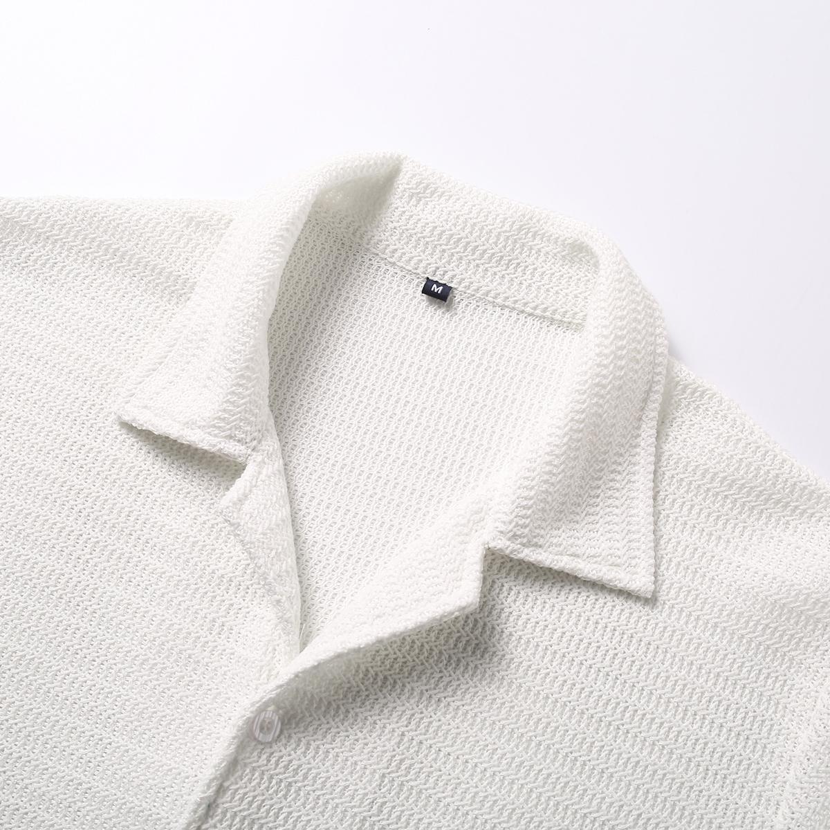 Men's solid color summer vacation set, regular style, paired with textured button down short sleeved shirt and matching drawstring shorts, easily interprets the exquisite coastal style, casual travel, vacation and leisure SpringStatements Clothes Beige