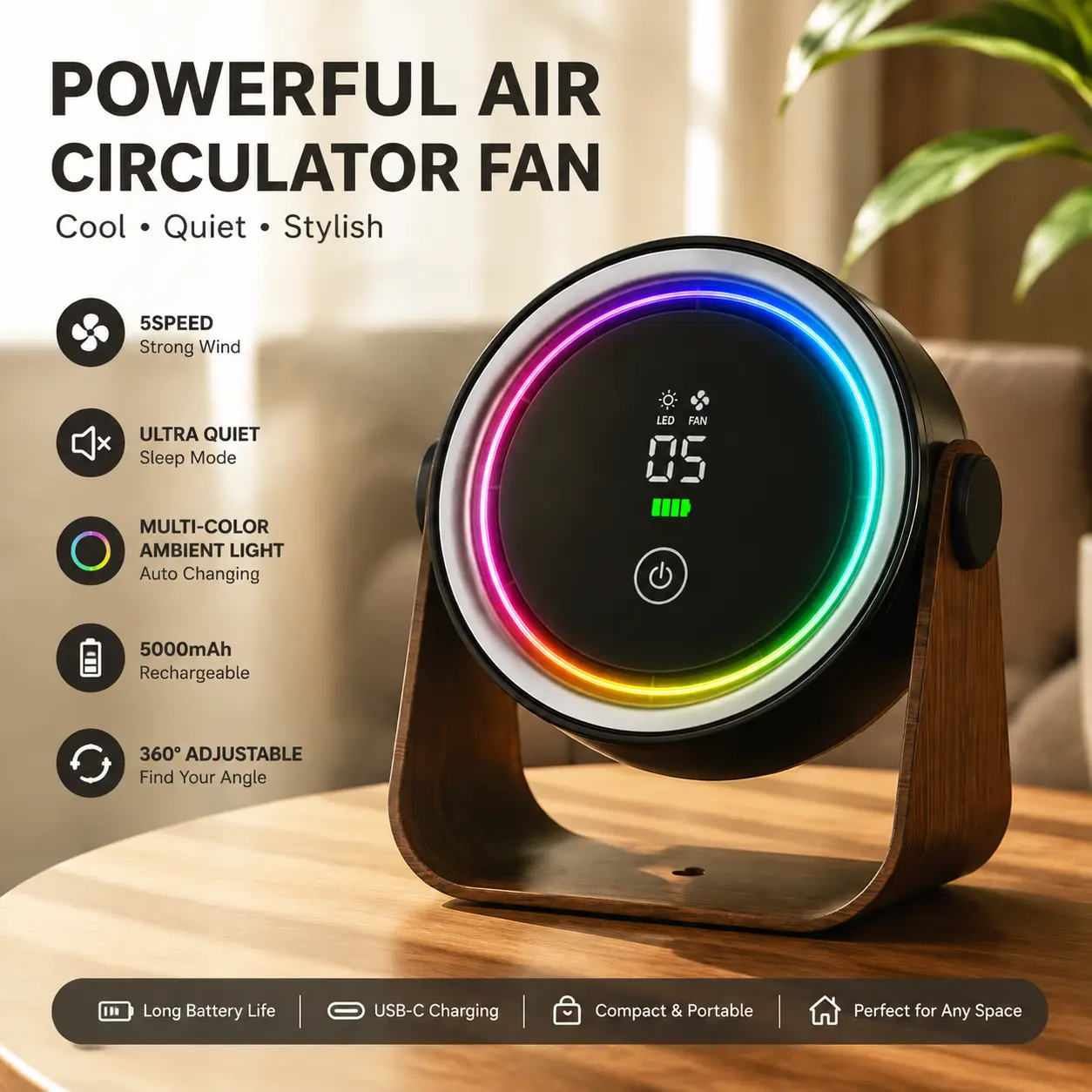 Rechargeable USB 5000mAh Desk Fan – 5 Speeds, 360° Rotation, Adjustable Angle, Wall-Mount Hook, 5000mAh Battery, Quiet Portable Table Fan for Home, Office, Bedroom Oscillating Fan fan that blows cold air fan portable fans