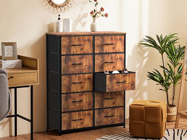 Sweet Furniture S - Tall Fabric Storage Tower Dresser with 10 Drawers and Wood Top for Bedroom