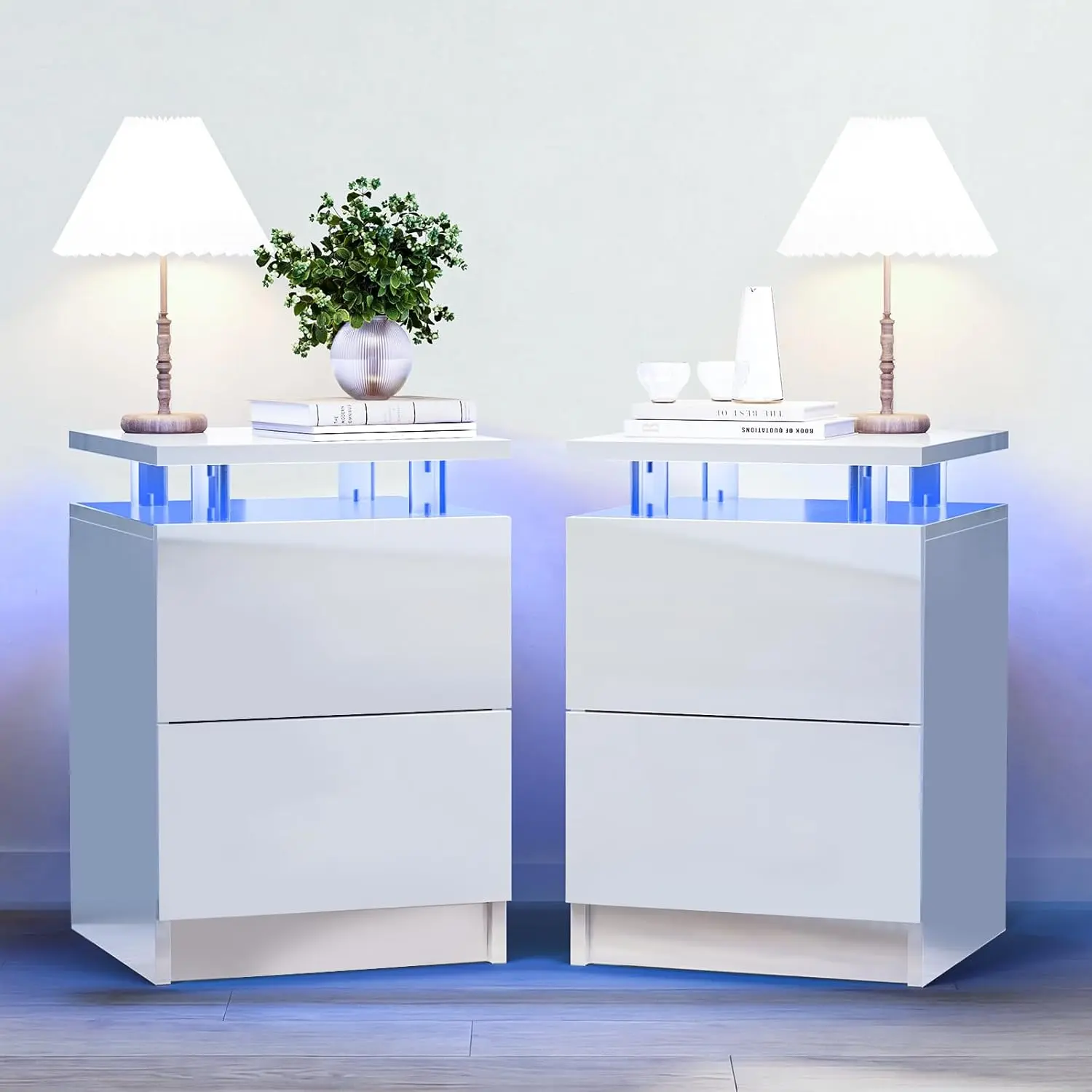 2-Pack LED Light Nightstands, 15" Black Modern Bedside Table, 2 Storage Drawers Compact Bedroom Side Table