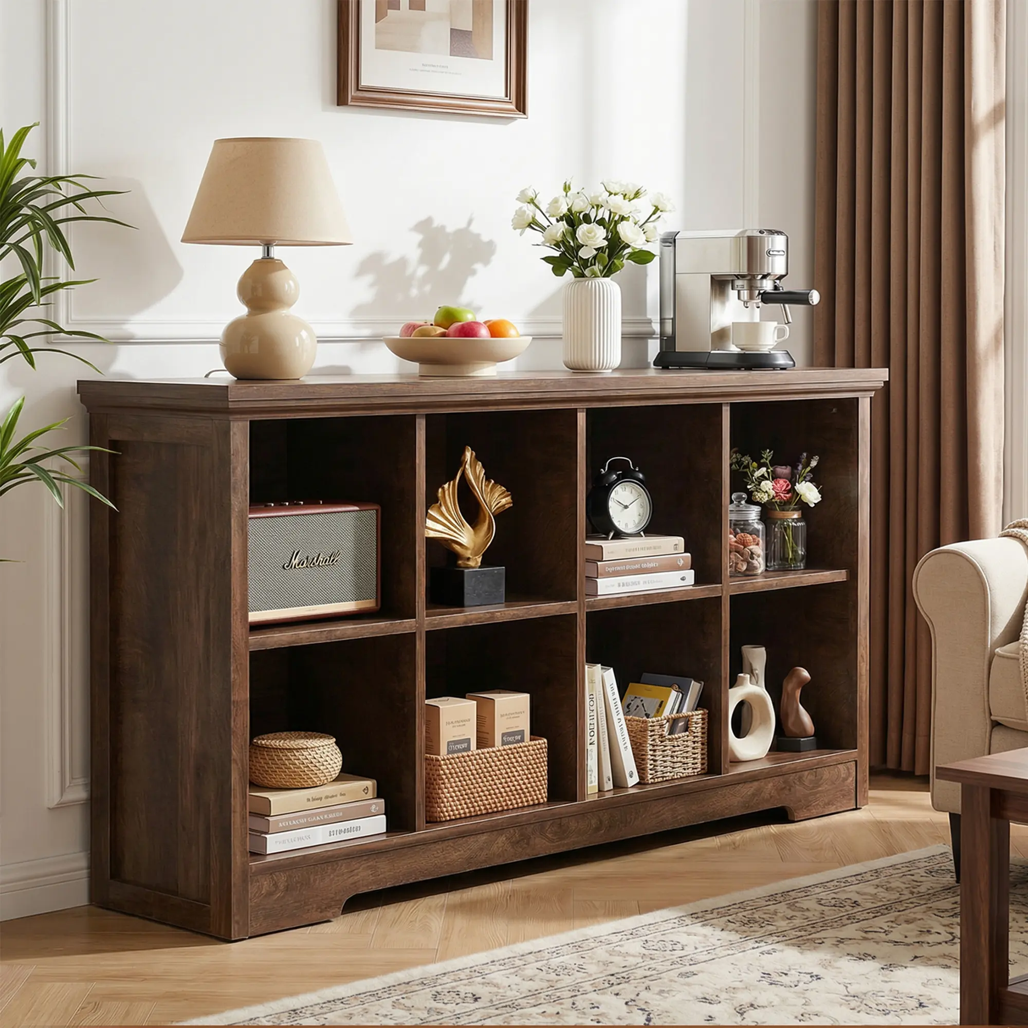 Wooden 8-Cube Storage Organizer with Charging Ports, Modern Cube Bookcase with Base, 3-Tier Floor Standing Open Cubbies Bookshelf for Home and Office,dorm essentials,home decor