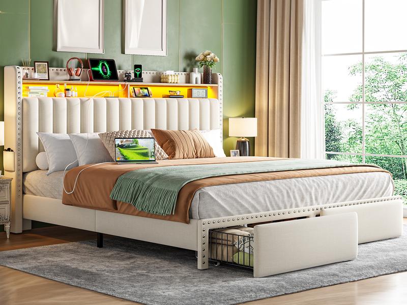 Raybe Furniture Upholstered Bed Frame with LED & Charging Station & 2 Drawers, MATTRESS NOT INCLUDED, Twin, Full, King, Queen Size Bed Frame with Headboard &Shelves, Holds 1000 LBS, No Noise