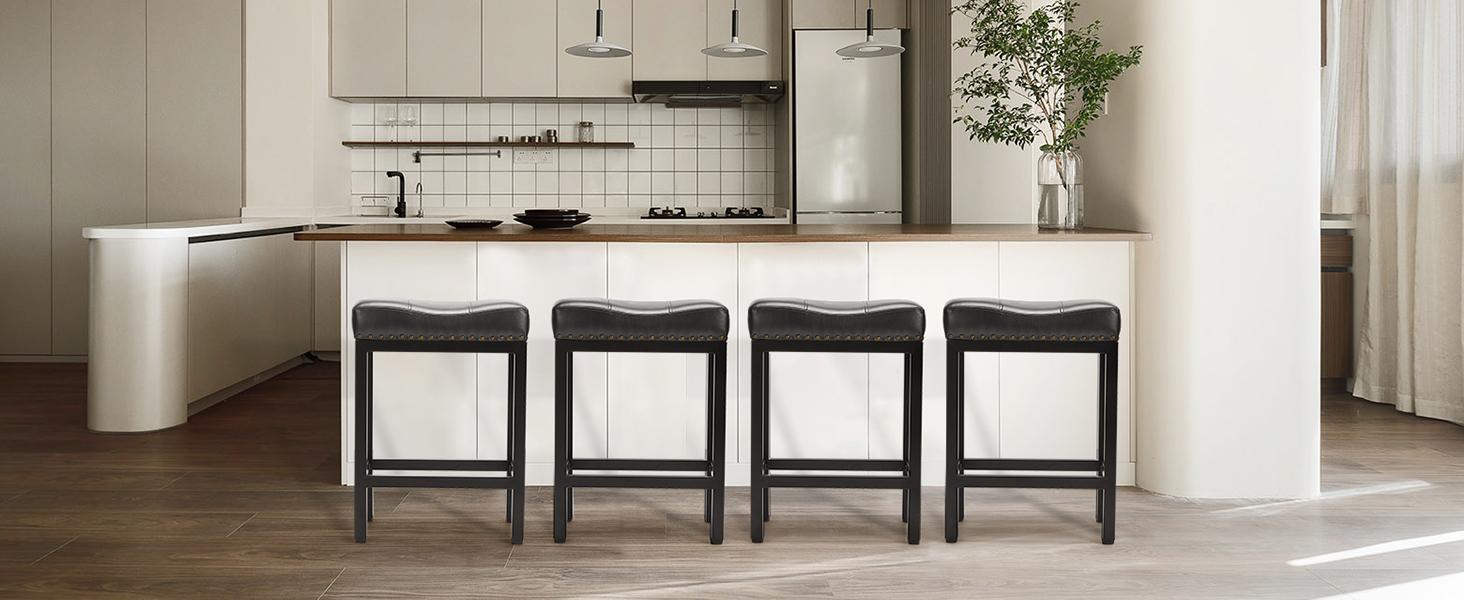 Furnest Set of 2 Bar Stools, 24 Inch Counter Height Saddle Stools, Modern Kitchen Barstools with Metal Base & PU Leather