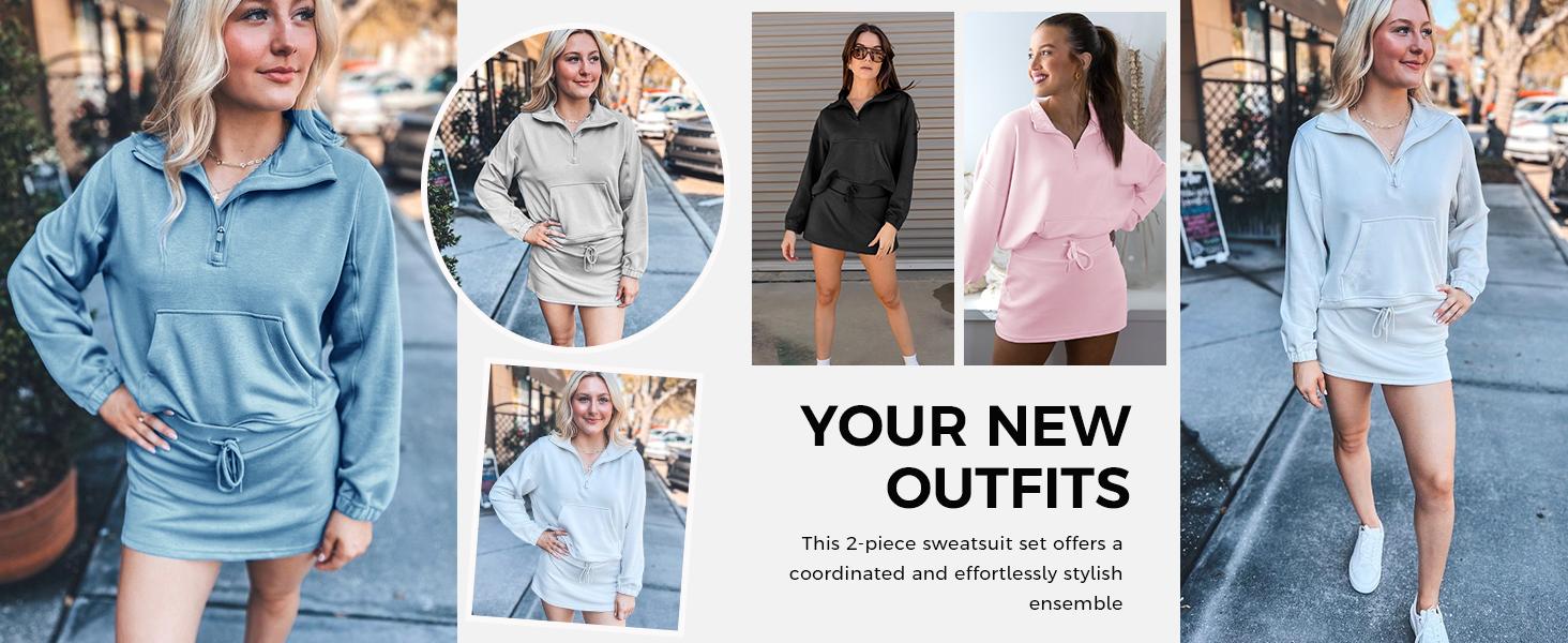 Fisoew Womens Sweatsuits 2 Piece Outfits Quarter Zip Cropped Sweatshirts Casual Mini Skorts Lounge Wear Skirts Sets SpringStatements