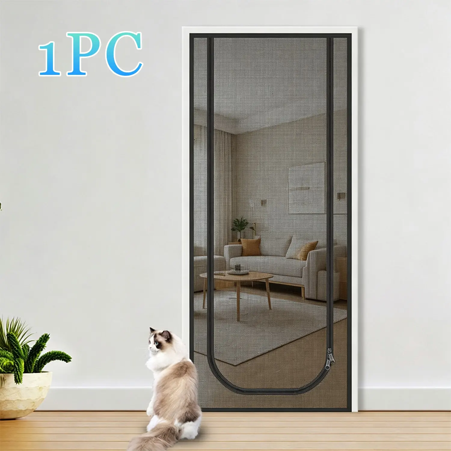 One-piece black zippered screen door, no-drill installation, summer anti-mosquito & breathable, room partition, cat-proof, fits various doors, Mesh zipper doors