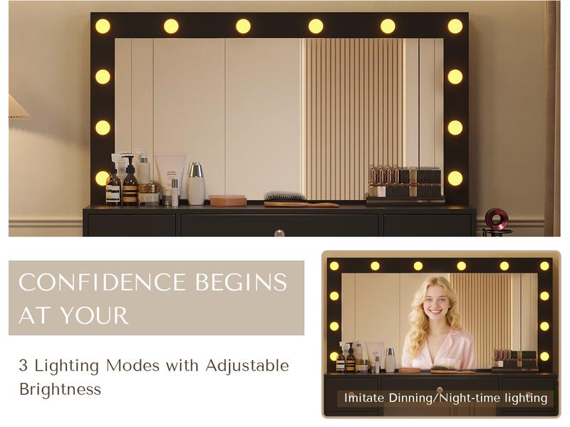 [New Year Deals] Vanity Desk with Large HD Mirror ,9-Drawers Dressing Table Power Outlet,3 Color Modes,12 LED Bulbs for Girls Bedroom,Gift for Daughter Wife & Mom Girls Bedroom Essential