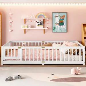 Queen Size Bed Floor Bed with Safety Guardrails and Door for Kids Low Profile Kids Floor Bed Frame Sturdy Toddler Floor Bed with Guardrails and Door Children Bedroom Furniture Safe Kids Floor Bed Frame for Boys Girls Modern Kids Bed with Safety Rails Crib