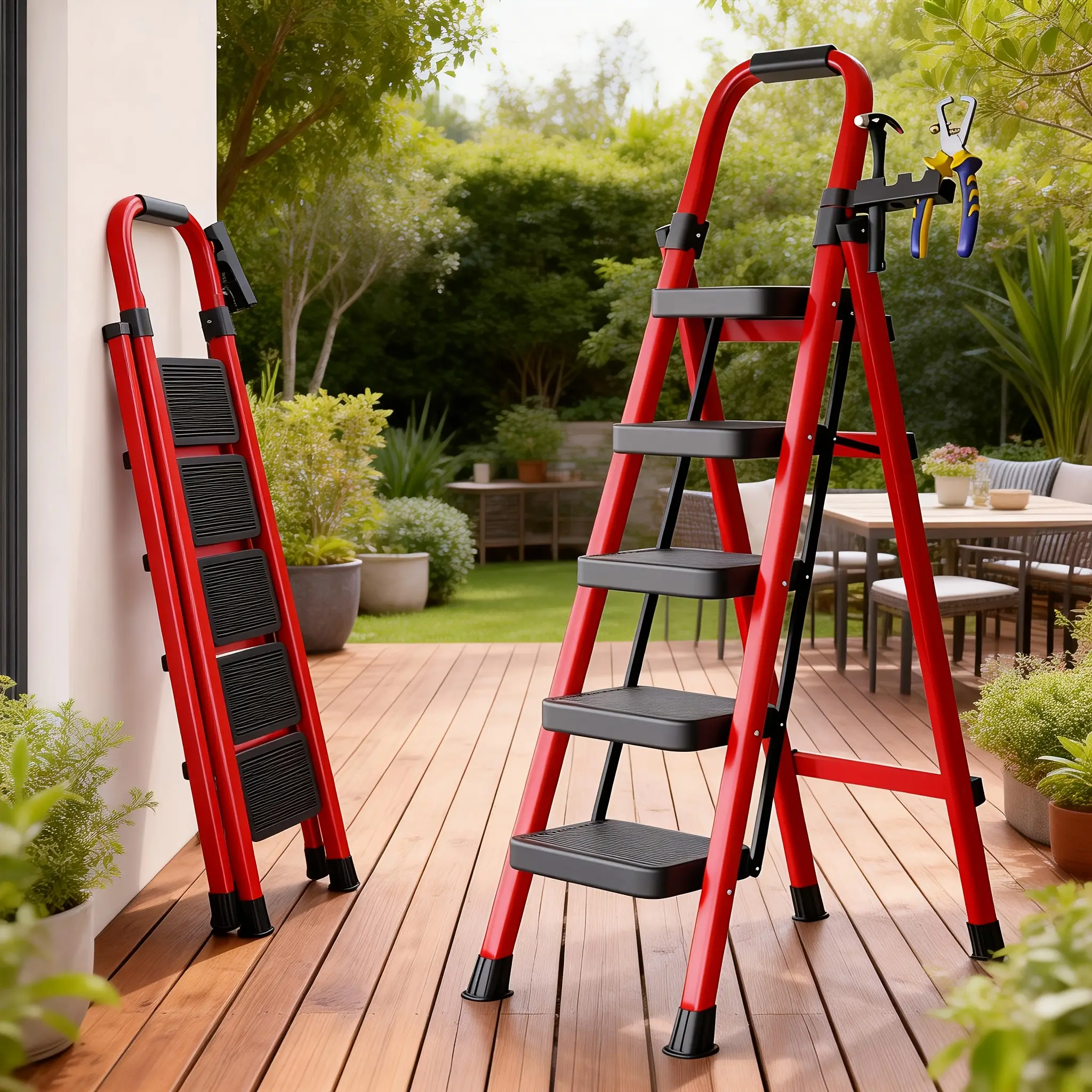 500lbs Load-bearing Folding 5/4/3 Step Ladder | Heavy-duty Steel Step Stool with Anti-slip Wide Treads, Handrails, Safety Lock Design, Black and Red Color Scheme, Portable Multi-functional Ladder for Home and Kitchen Use Color: Five Steps Red