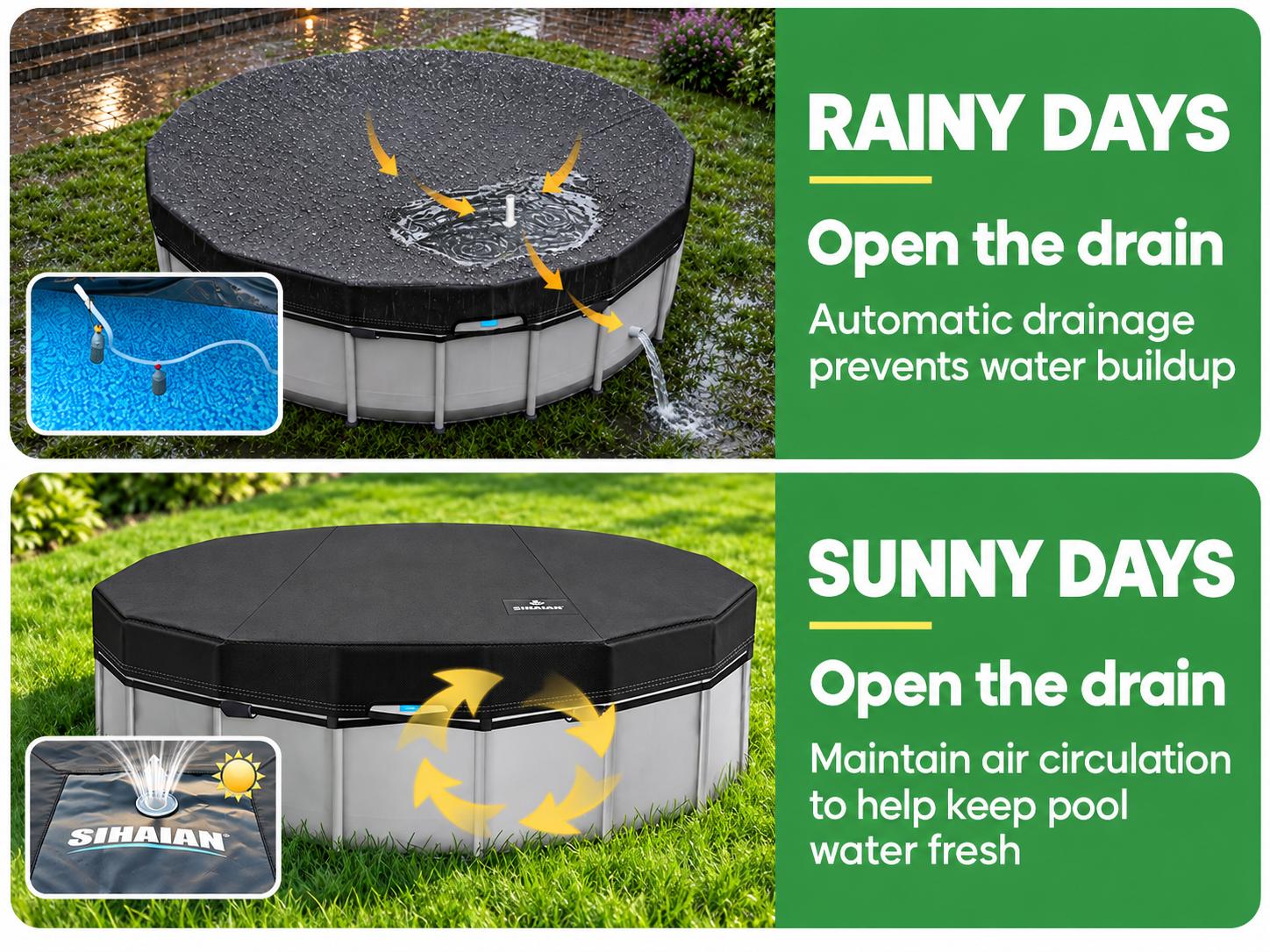 SIHAIAN Dual-Rope Round Pool Cover, Built-in Automatic Drainage Device