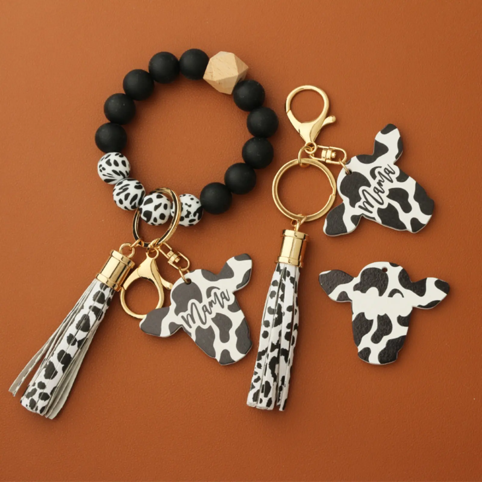 Cute Cow Silicone Beads Bracelet - Leather Tassel Charm, Wood Bull, Multiple Beads, MAMA Silicone Wristlet Keychain, Unisex Adult Fashion Accessory, Keychain for Car Keys, Colorful Beads Keychains