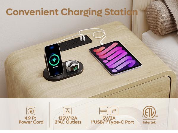 Bestier Nightstand with Charging Station, Modern LED End Table Bedside Table with Drawer for Bedroom & Living Room, Natual Oak