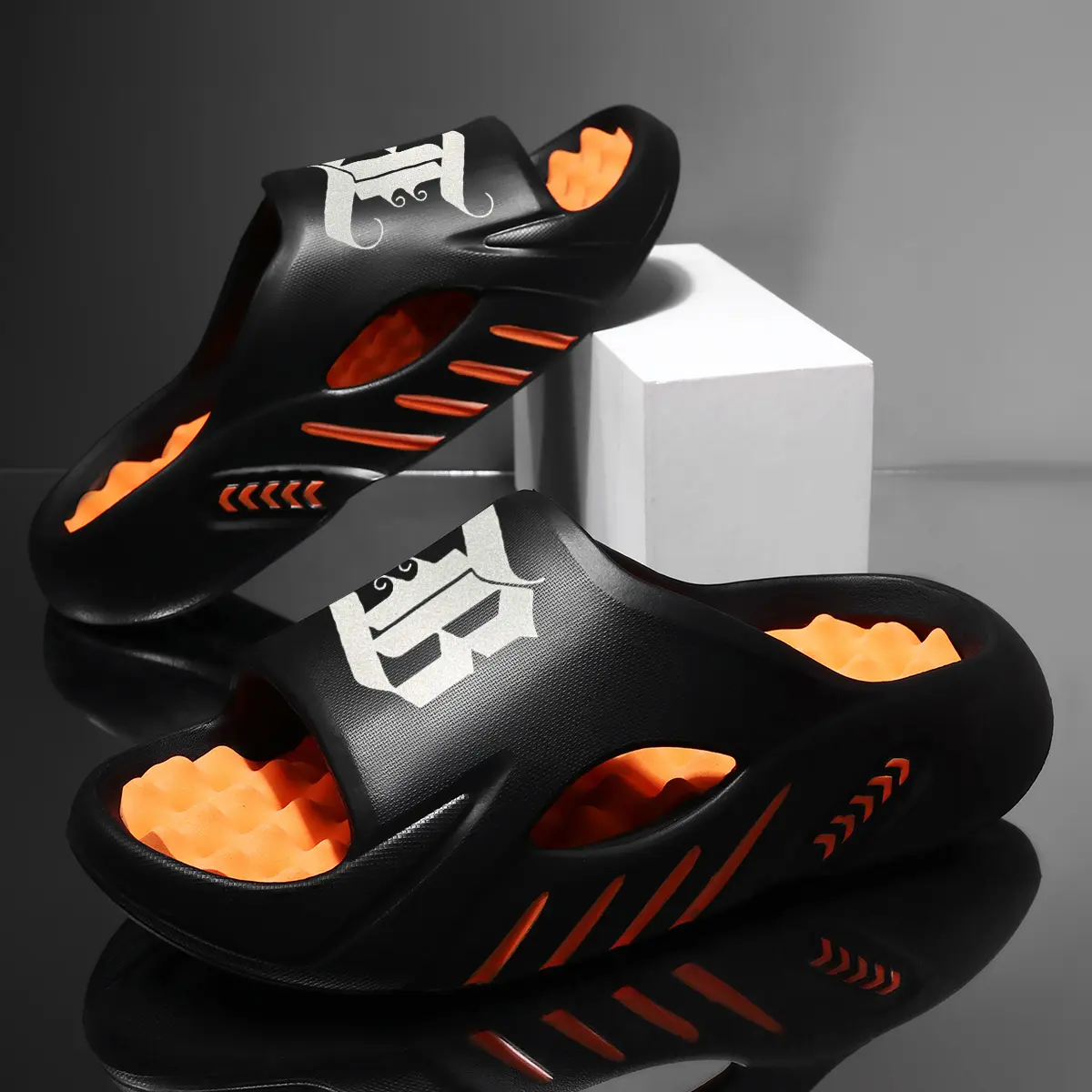 Men’s Massage Slide Sandals, 3D Textured Footbed Slippers, Lightweight Cushioned Slides with Breathable Hollow Design, Non-Slip Sole for Home, Beach, Pool, Shower & Summer Walking