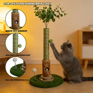 39" Cat Scratcher Tall Scratching Postswith Dangling Ball Detachable toy for Indoor Cats, Green stripe Easy Installation pet furniture Scratching Post with Ball interactive tower