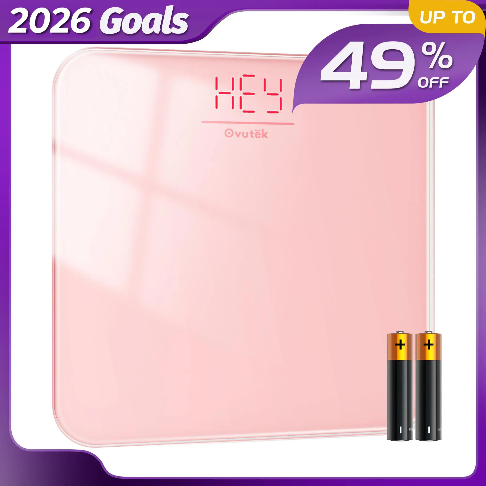 OVUTEK High-Precision Digital Bathroom Scale for Body Weight, Built-In LED Display, Sturdy Tempered Glass, Compact Size, 400lb Capacity, Upgraded Batteries Included, Pink, High-Precision Bathroom Scales, Built-In Display Bathroom Scales