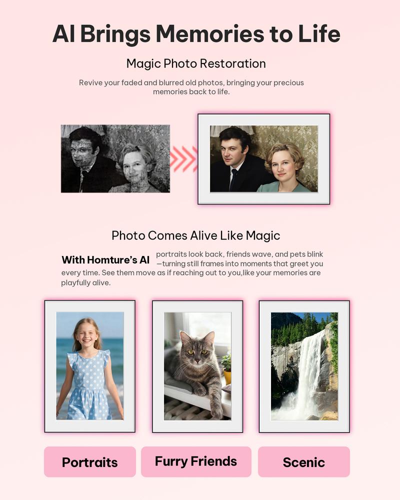 Homture Magic Frame - 10.1″ 1080P World's First AI Magic Frame for Old Photo Restoration Unlimited Storage Instant Sharing Decor Full HD 1080P