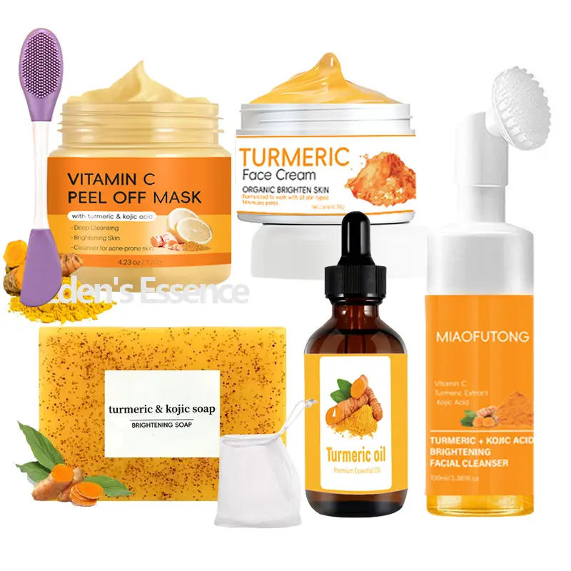 Turmeric 6-Piece Skincare Set with Massage Cleansing Brush – Includes Turmeric Clay Mask, Turmeric Mousse Cleanser, Turmeric Soap, Turmeric Face Cream, and Turmeric Oil. A complete cleansing and skincare kit Clear Skin Set