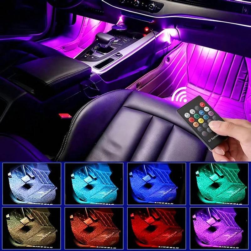 Car LED Strip Lights 4Pcs 48 LED Interior Multicolor Music Car Strip Light Under Dash Lighting Kit with Sound Active Function Remote Controller DC 12V Dual Mode RGB Foot Lights