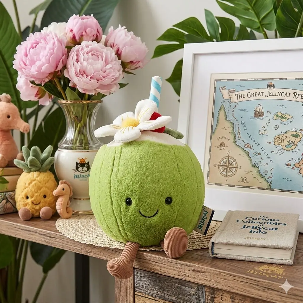 Cute Coconut Plushie with Flower | Jellycat Style Stuffed Toy | Kawaii Plush | Tropical Room Decor