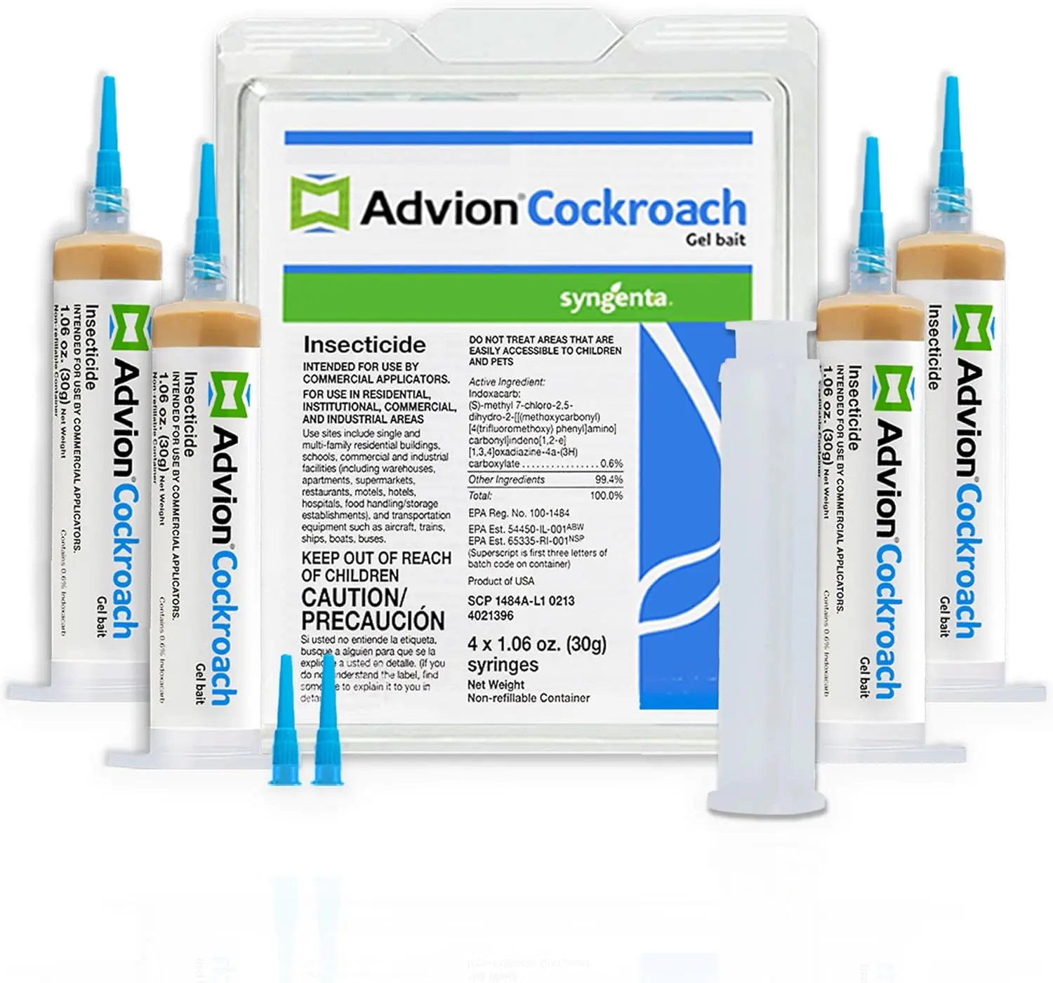 Advion Cockroach Exterminator Gel Bait - Carboxylate Pest Control Agent, 4 Tubes (30g Each), 1 Plunger, 2 Tips, Roach Killers for American, German & Major Species (Indoor/Outdoor Use), Four Tubes