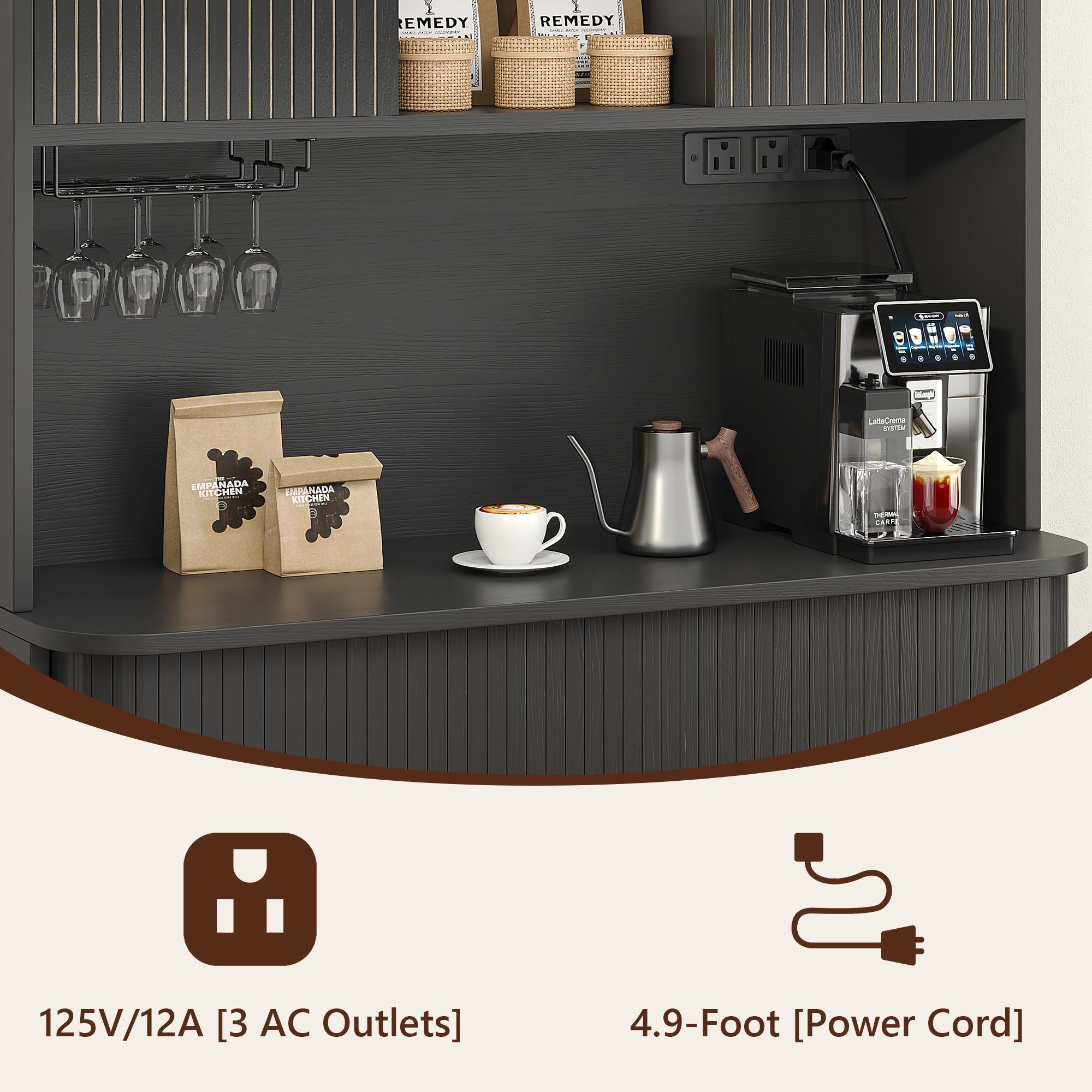 Aowos 71” Pantry Cabinet with Charging Station, Kitchen Storage Cabinet with 2 Sliding Tambour Doors, Hutch Bar Cabinet with Built-in Wine Rack and Adjustable Shelves, Freestanding Buffet Sideboard for Kitchen, Coffee Bar Station, Walnut, Black, Natural