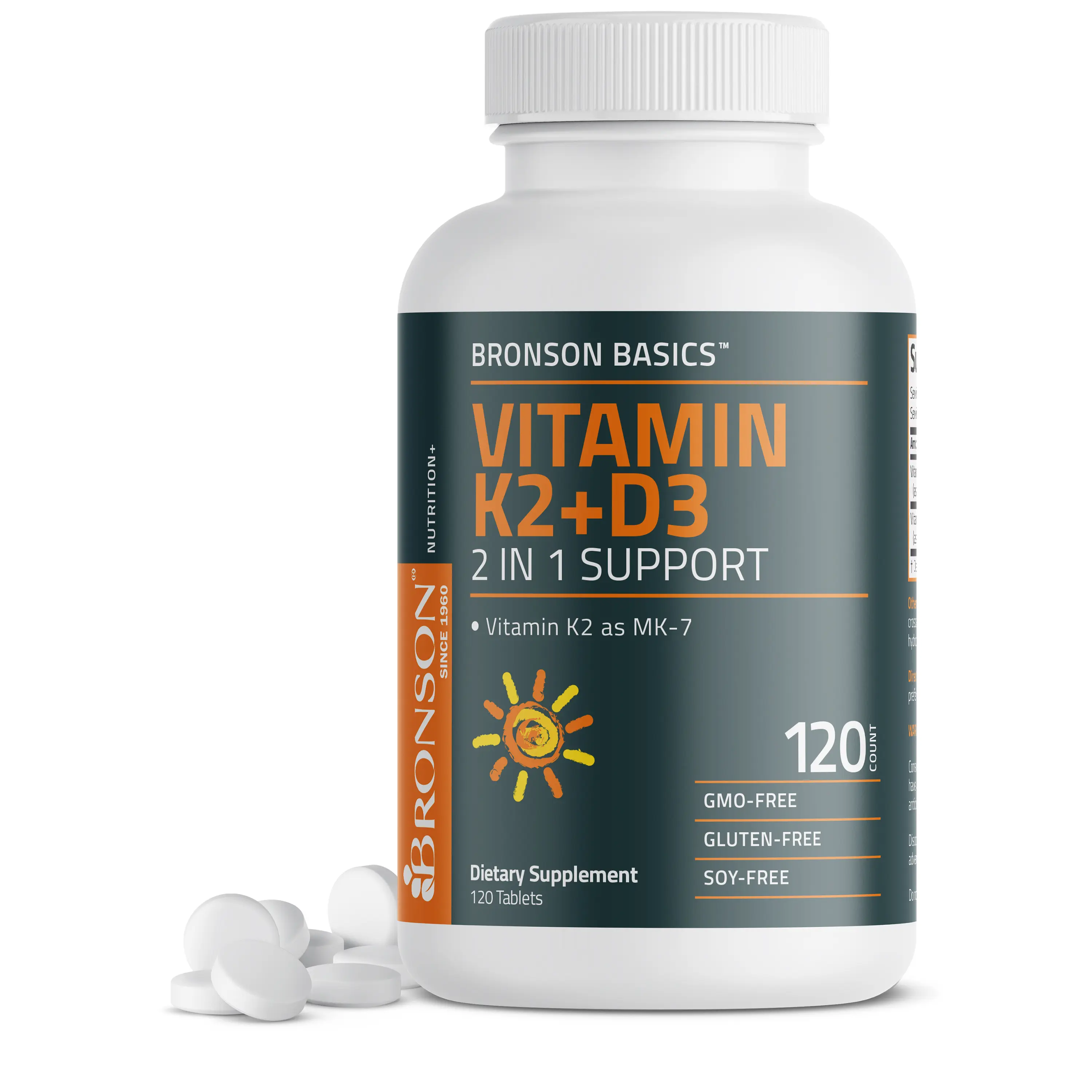 Bronson Basics Vitamin K2 D3 (MK7) Supplement Non-GMO Formula 5000IU (125 mcg) Vitamin D3 & 90 mcg Vitamin K2 MK-7 Easy to Swallow Vitamin D & K Complex vitamin  d3  k2