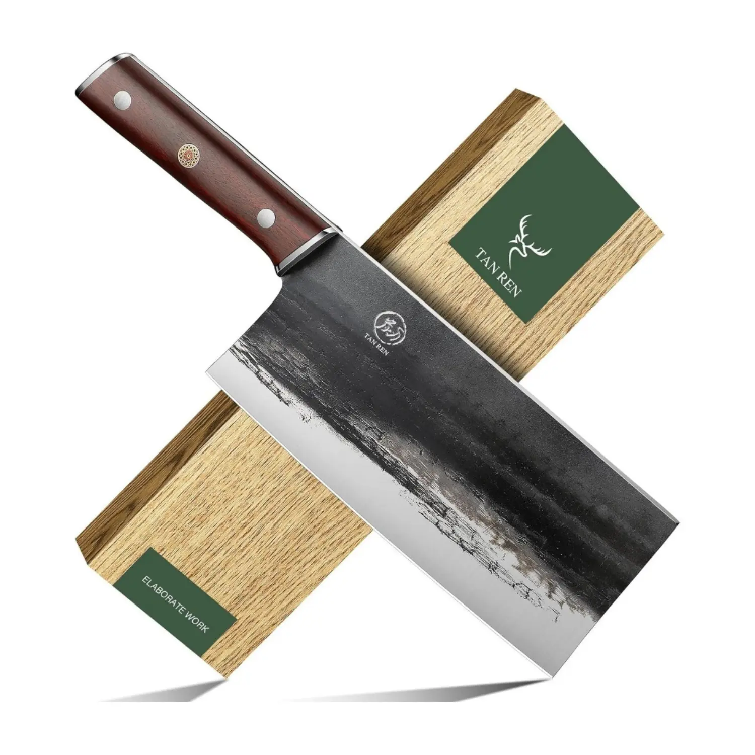 TAN REN 8-Inch Heavy-Duty Rectangular Chinese Meat Cleaver - Solid Blade Kitchen Knife with Wooden Handle, Kitchenware for Home Cooks, Food & Bone Cutting