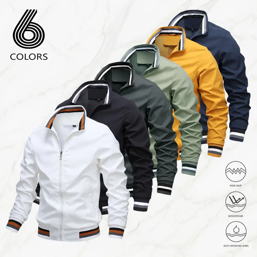 Men’s stand collar zip-up lightweight jacket with contrast ribbed hem, business men’s trench coat available in multiple colors, suitable for everyday wear, commuting, and light business casual outerwear.