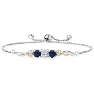 Two-Tone Gemstone Birthstone and Blue Sapphire and Accent Lab Grown Diamond Infinity Tennis Bracelet For Women In 925 Silver and 10K Yellow Gold | Round 5MM and 1.3MM | Fully Adjustable Up to 9 Inch