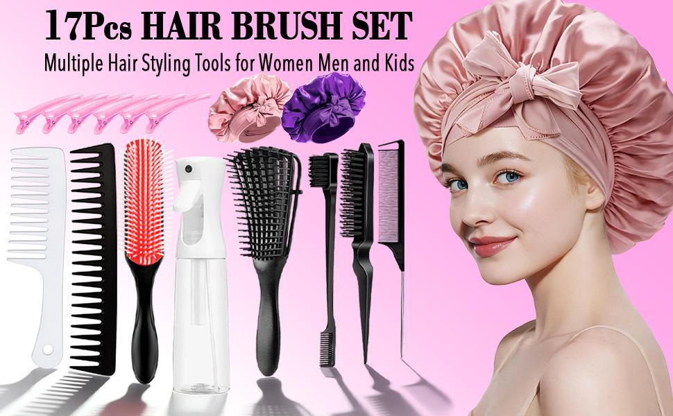 Pink Hair Brush Set 16 Counts Detangler Wide Tooth Comb Satin Bonnet Nylon Bristle Brush Edge Tool Kit for Curly Hair Styling Detangling Hairbrush Pink Hair Brush Set 16 Counts Detangler Wide Tooth Comb Satin Bonnet Nylon Bristle Brush Edge Tool Kit for Curly Hair Styling Detangling Hairbrush