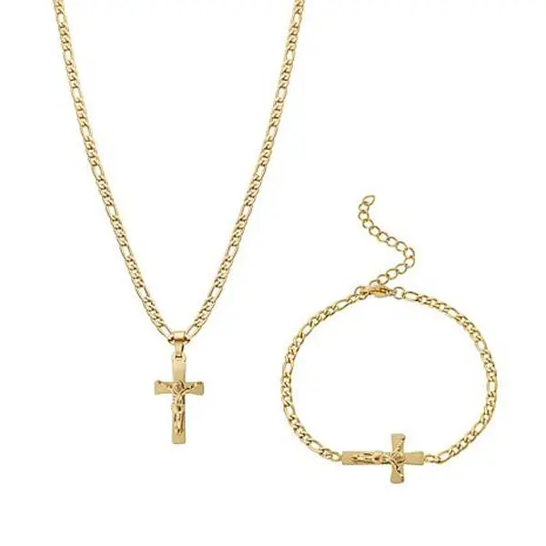 Stately Steel Stainless Steel Figaro Chain Crucifix Jewelry Set