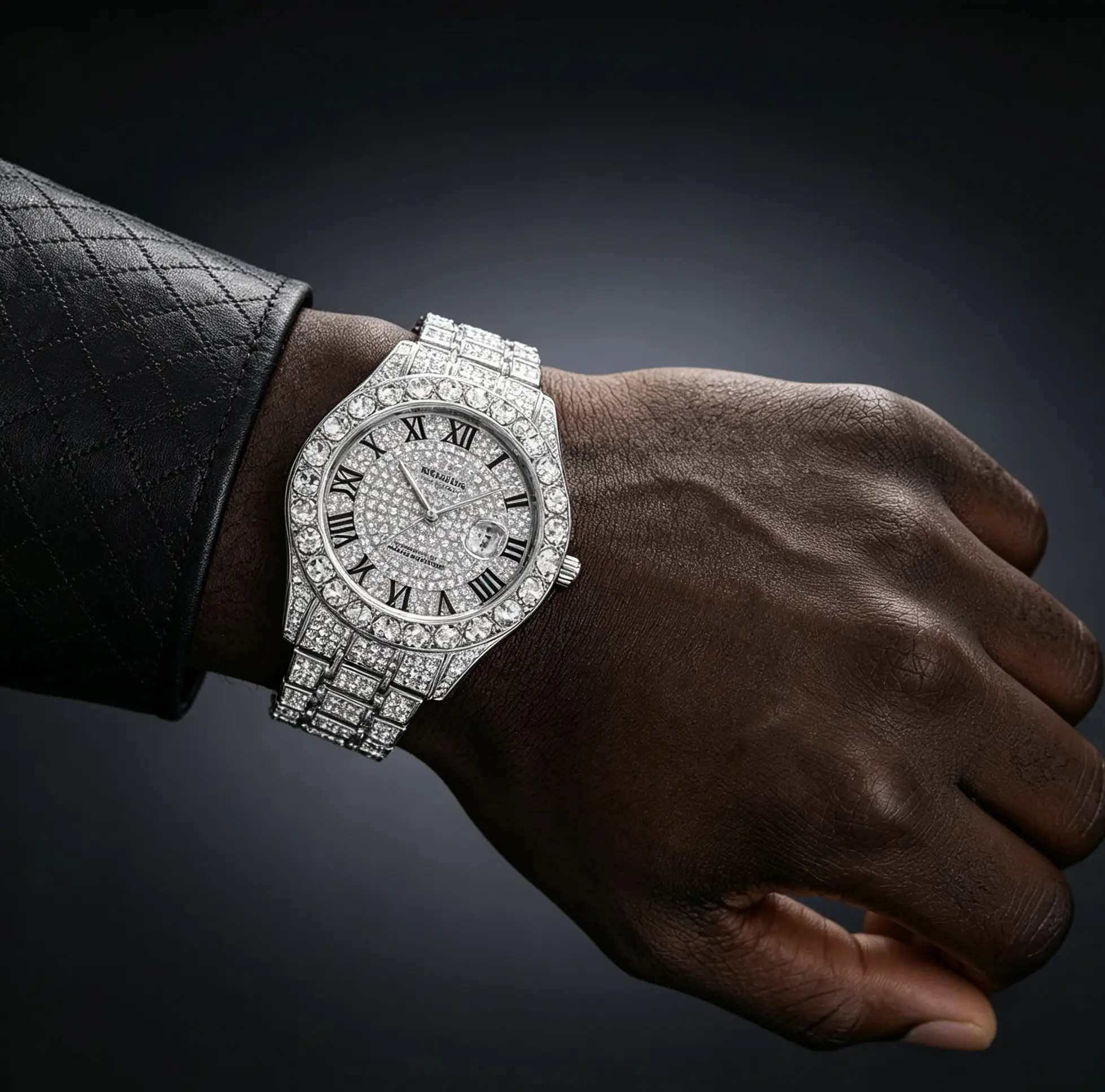 Men's Hiphop Iced Out Rhinestone Embellished Bling Wristwatch - 10in Plated Metal Cuban Chain Band, Elegant Roman Numeral Dial, Diamond Studded Statement Fashion Watch, Birthday Gift for Him, Rhinestone Embellished Watch, Fashionable Wristwatch