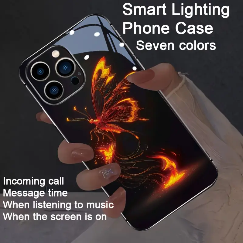 The Flame Shadow Butterfly Dance Colorful Smart Voice Control Luminous Phone Case is suitable for iPhone 16-12. It features intelligent voice control, luminous technology, dazzling drop protection, a luminous, colorful design, and a shockproof case.